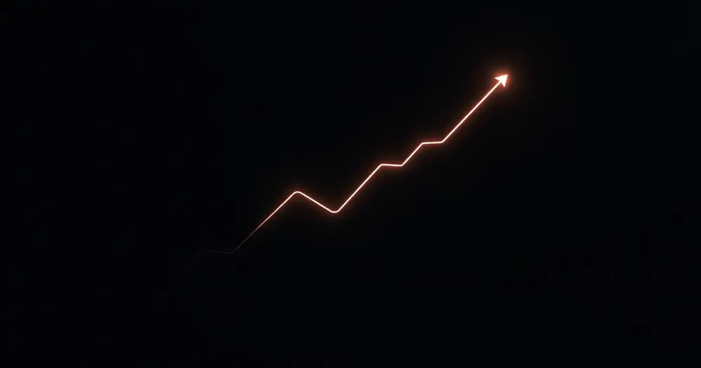 Linha ascendente abstrata desenhada em luz sobre superfície escura, sem rótulos ou eixos